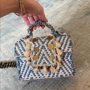 Boho Blue & Cream Woven Tassel Top-Handle Bag Kooreloo